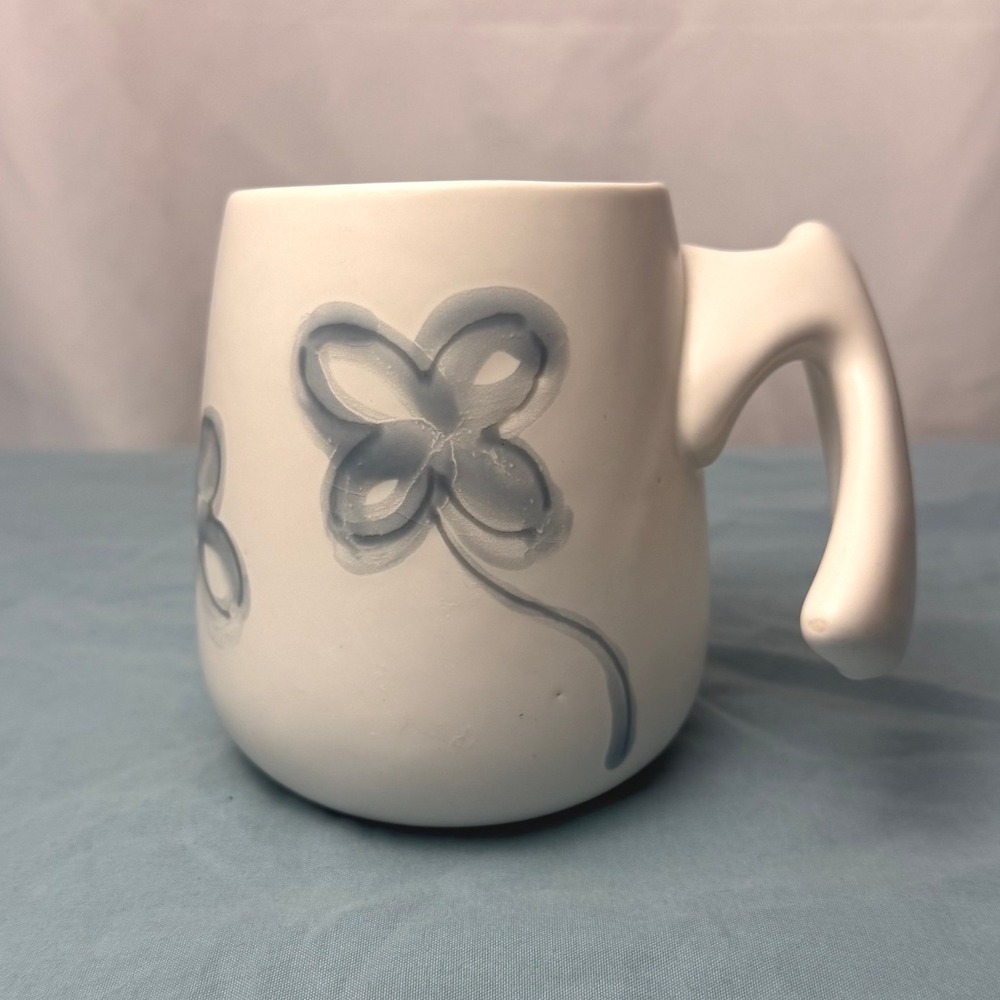 VTG Signed Japanese Porcelain Mug Blue Floral Sculptural Ergonomic Handle Art